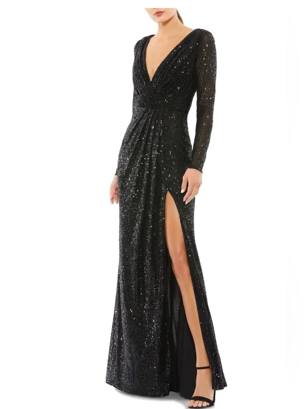 leena Mac Duggal Black Long Sleeve Sequin Faux Wrap Side Slit Gown Size 8 NWT